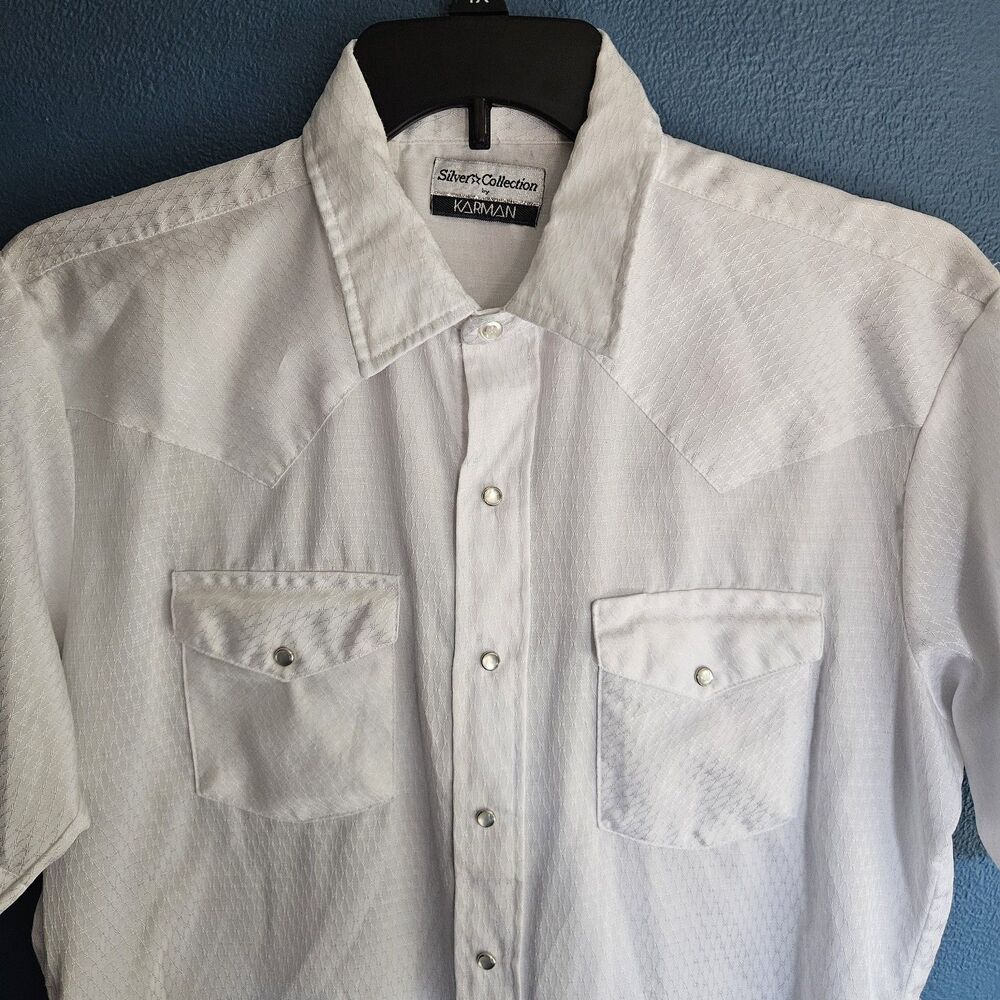 VTG 80s Karman Silver Collection Shirt Pearl Snap Mens L 16.5 White SS Western